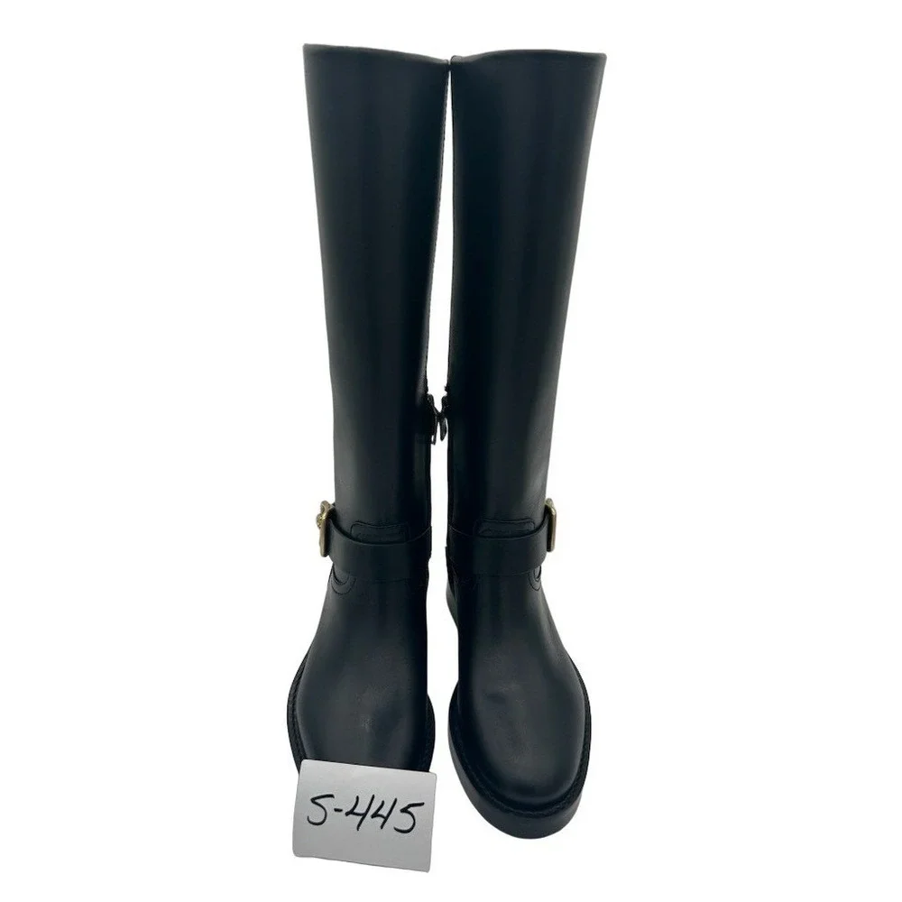 New Coach CW978 Knee High Boots Women's Size 5 B Black Leather Buckle Zip